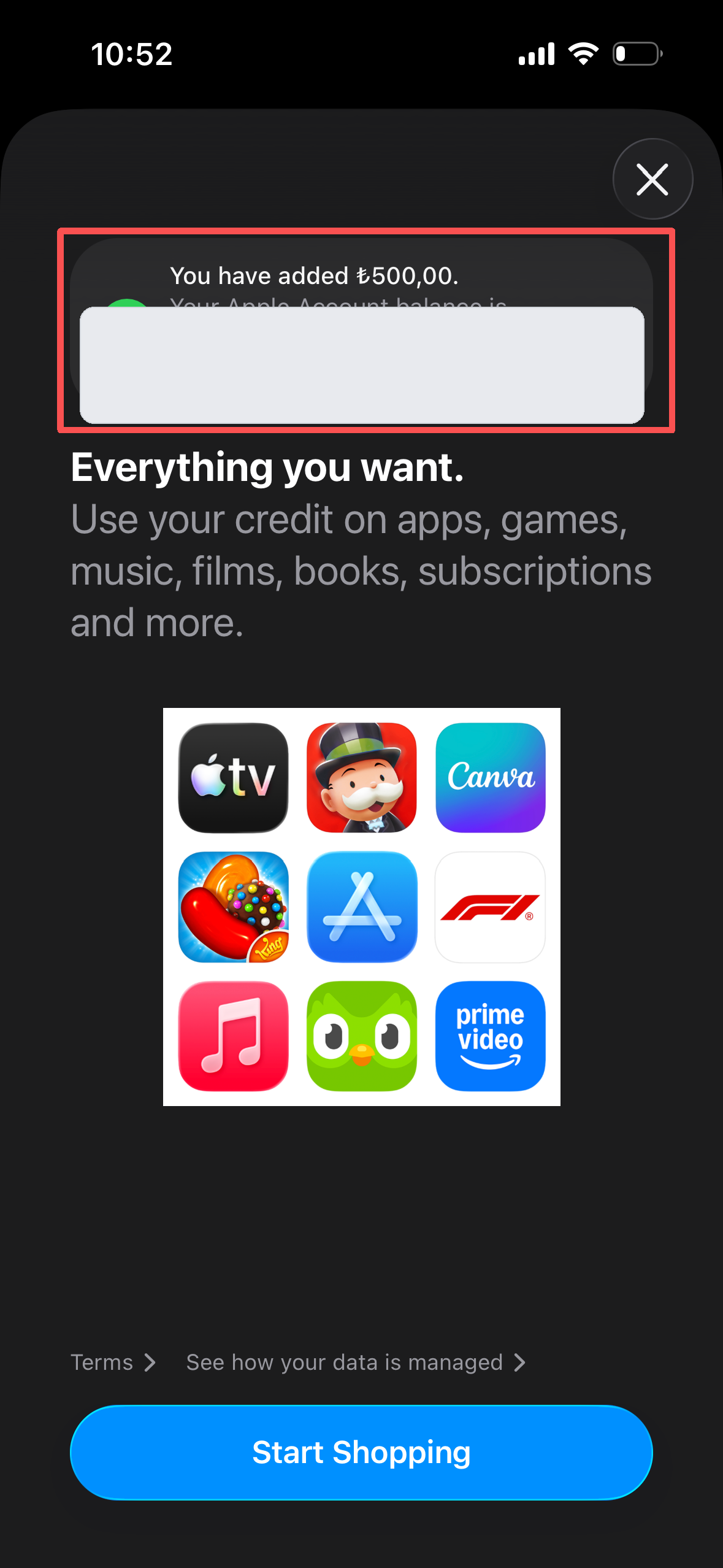 App Store 礼品卡充值成功提示